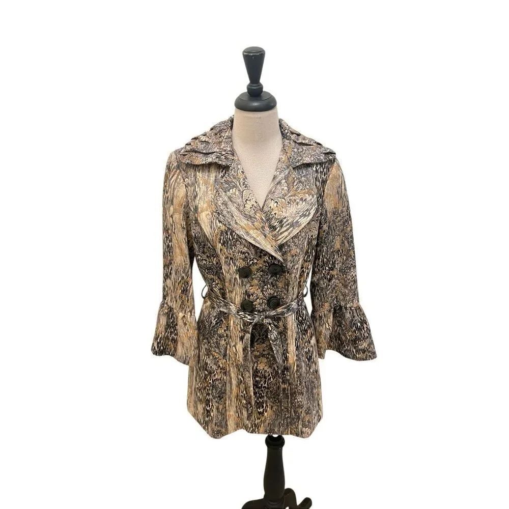 Paris IQ Women's Double Breasted Bell Sleeve Belted Jacket Gray Gold Size 4